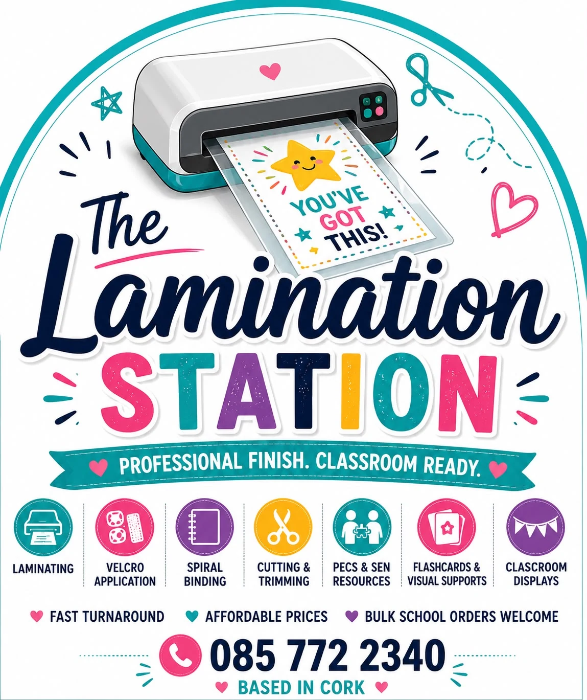 The Lamination Station service poster with contact number and service icons